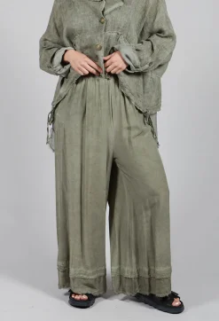 Wide Leg Trousers in Viscosa Tinto Marmorizzato Olive