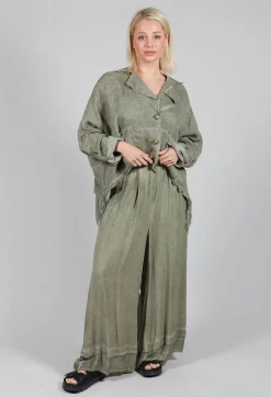 Wide Leg Trousers in Viscosa Tinto Marmorizzato Olive