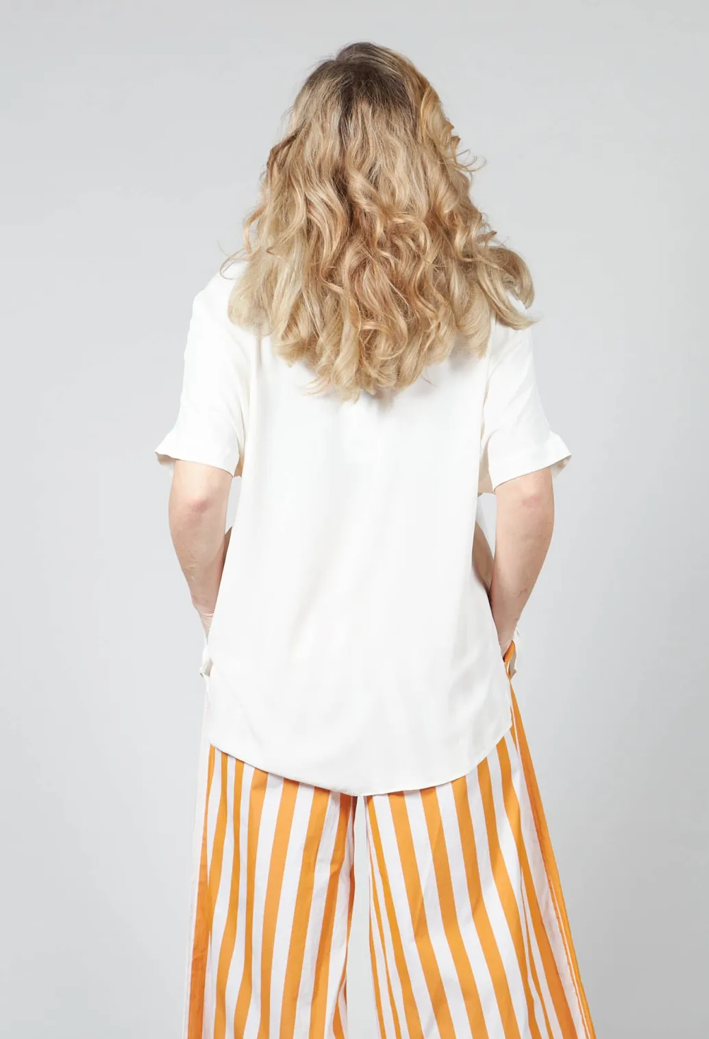 Wide Neck Short Sleeve Silk Blouse in Cream