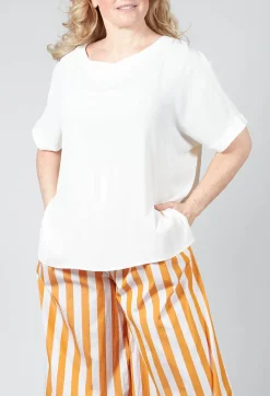 Wide Neck Short Sleeve Silk Blouse in Cream