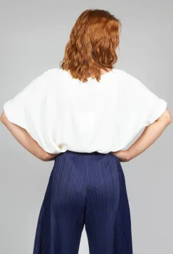 Wide Neck Short Sleeve Silk Blouse in Cream