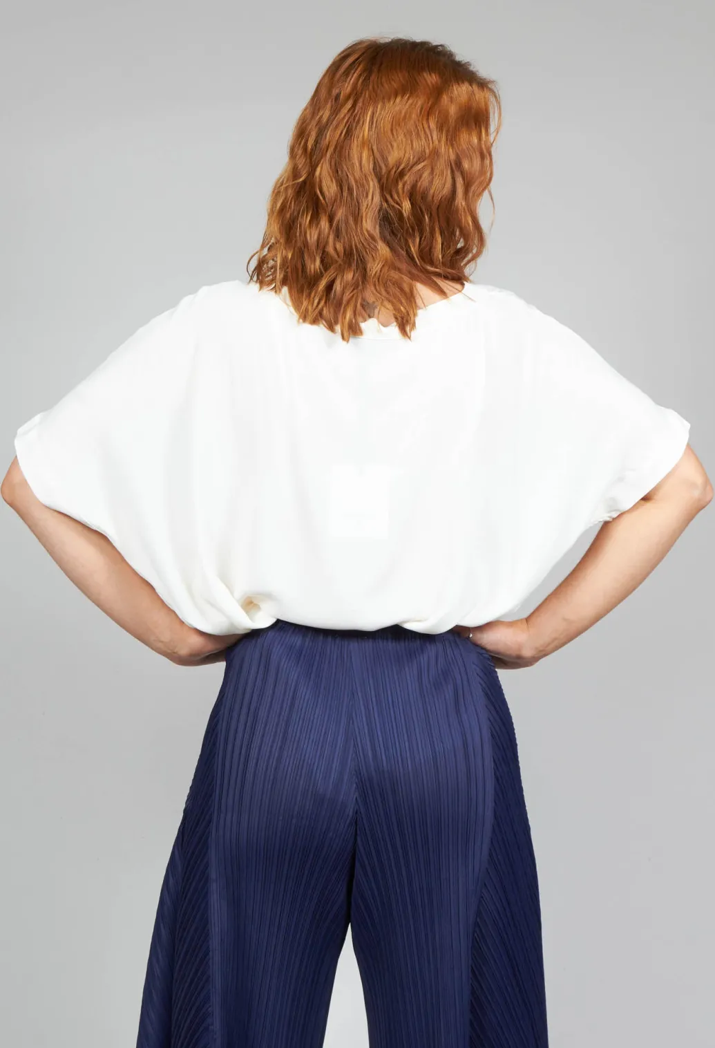 Wide Neck Short Sleeve Silk Blouse in Cream