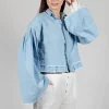 Wide Sleeve Shirt with Distressed Detail in Light Blue