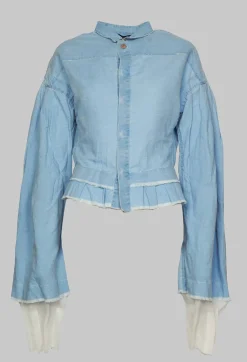 Wide Sleeve Shirt with Distressed Detail in Light Blue