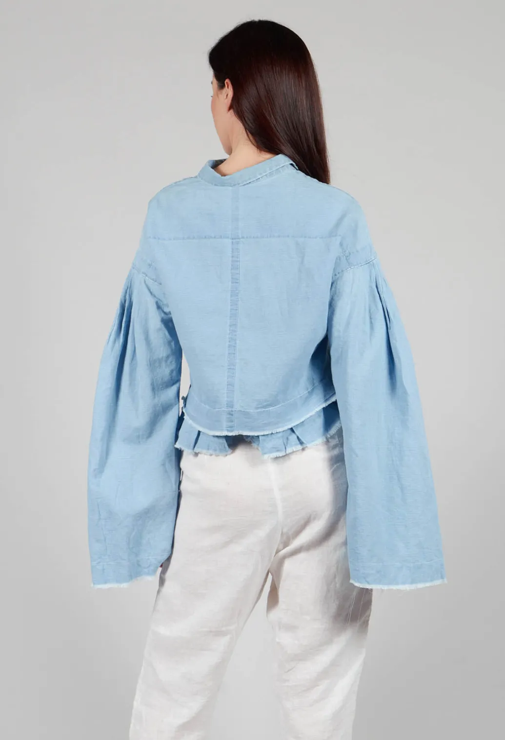 Wide Sleeve Shirt with Distressed Detail in Light Blue