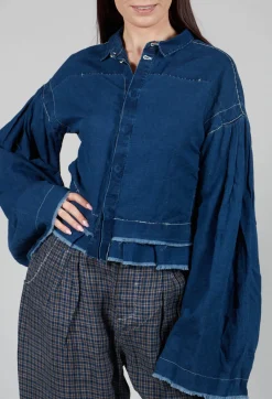 Wide Sleeve Shirt with Distressed Detail in Dark Navy