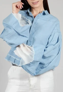 Wide Sleeve Shirt with Distressed Detail in Light Blue