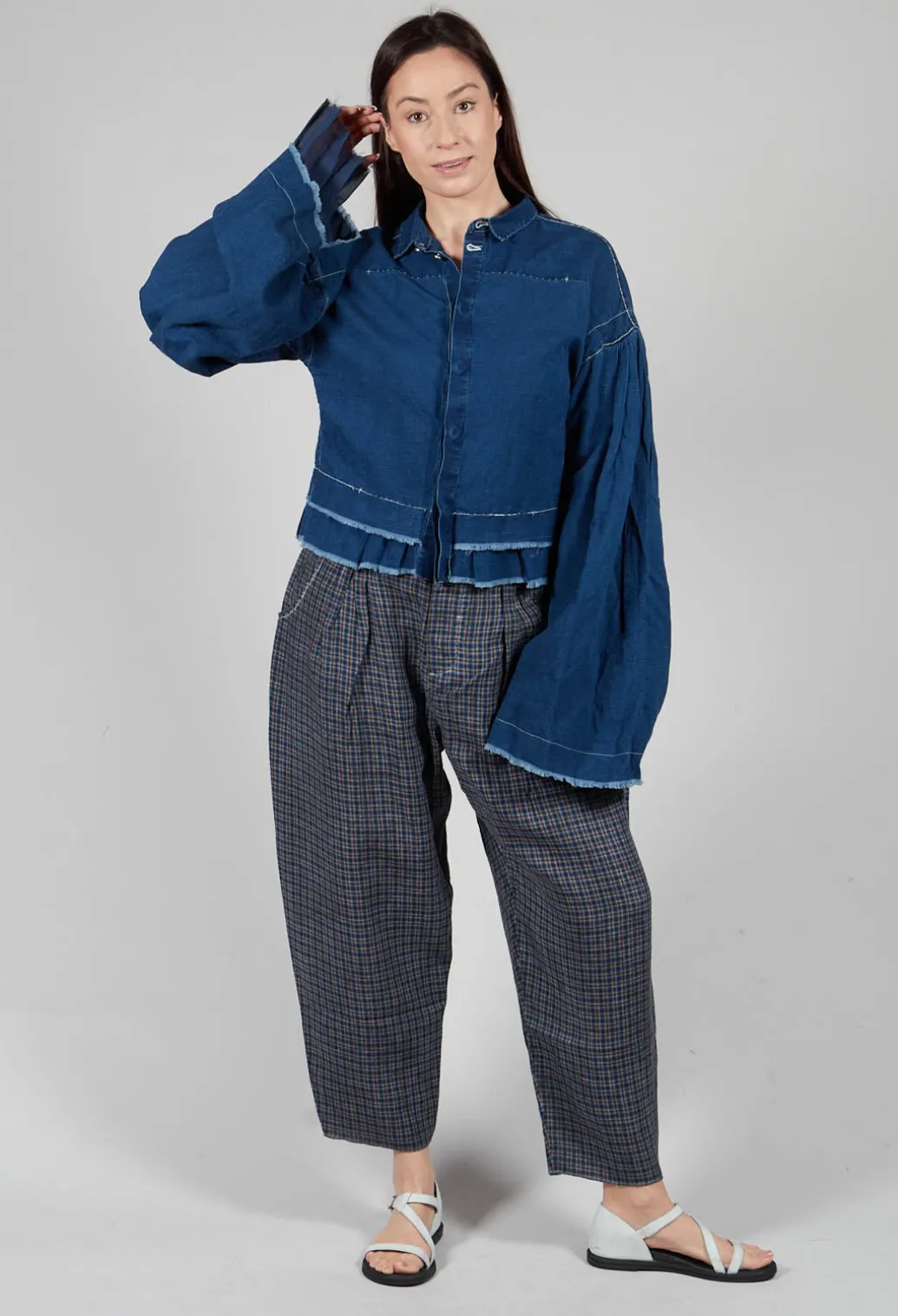Wide Sleeve Shirt with Distressed Detail in Dark Navy