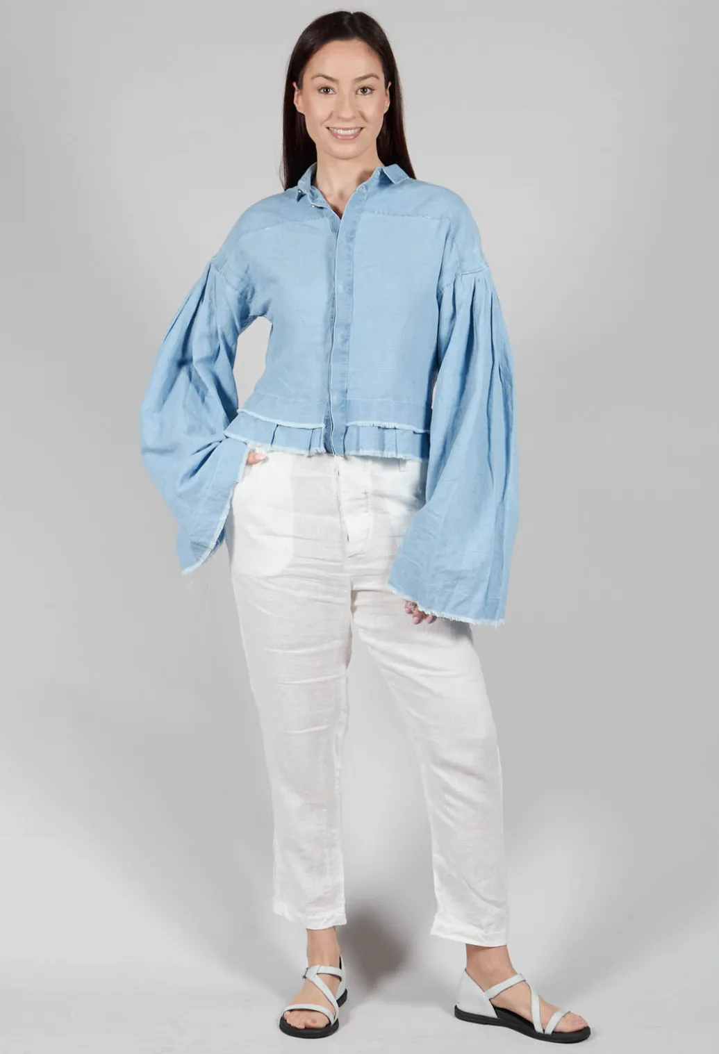 Wide Sleeve Shirt with Distressed Detail in Light Blue