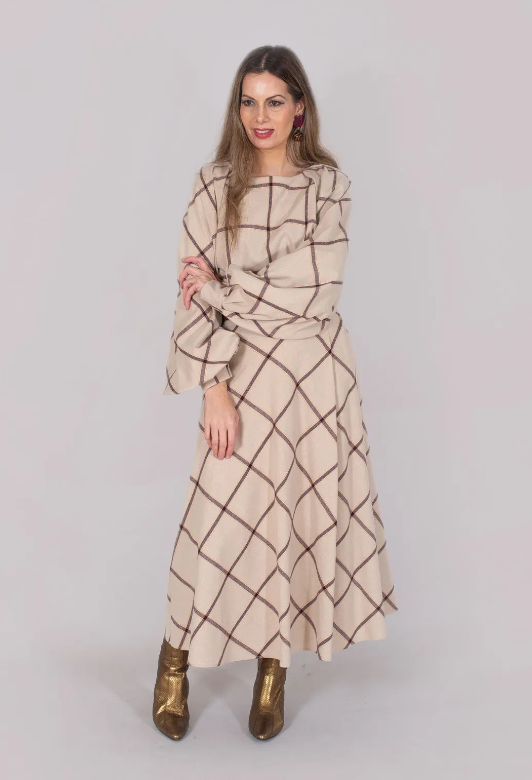 Wool Flannel Skirt in Beige Check
