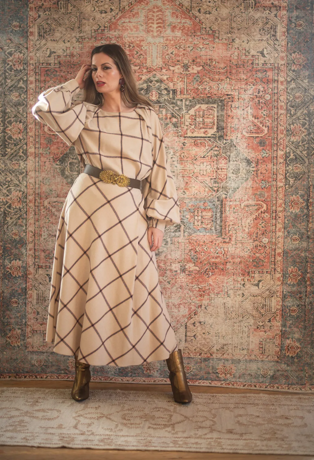 Wool Flannel Skirt in Beige Check