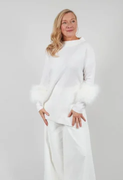 Wool Jumper with Sheepskin trim Sleeves in Pearl