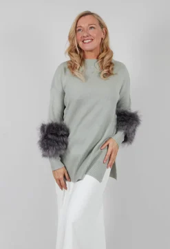 Wool Jumper with Sheepskin trim Sleeves in Peridot