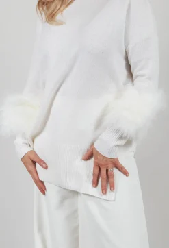 Wool Jumper with Sheepskin trim Sleeves in Pearl