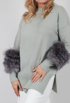 Wool Jumper with Sheepskin trim Sleeves in Peridot