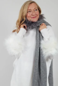 Wool Scarf with Fur Trim in Silver