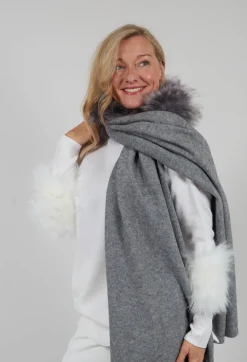Wool Scarf with Fur Trim in Silver