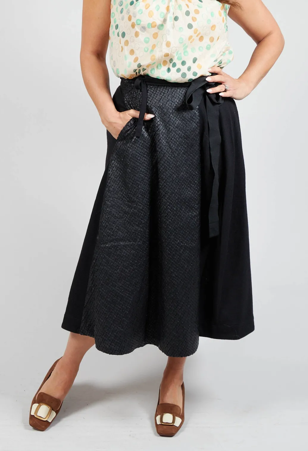 Wrap Skirt with Textured Faux Leather Look in Black
