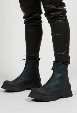 Zip Front Ankle Boots in Gasoline Verde Blu Scuro
