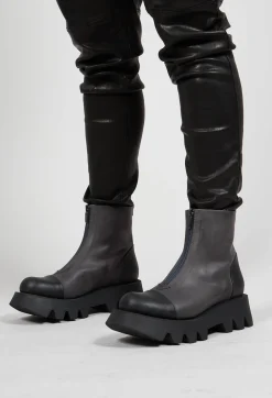 Zip Front Ankle Boots with Cleated Sole in Gasoline Fumo