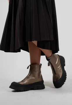Zip Front Metallic Ankle Boots in Omega 21 Gold