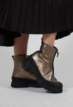 Zip Front Metallic Ankle Boots in Omega 21 Gold