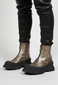 Zip Front Metallic Ankle Boots in Omega 21 Gold