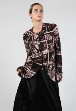 Zip Up Jacket with Ruffle Peplum Hem in Wood Print
