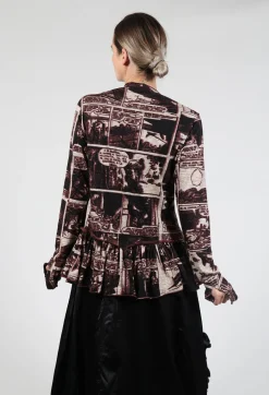 Zip Up Jacket with Ruffle Peplum Hem in Wood Print