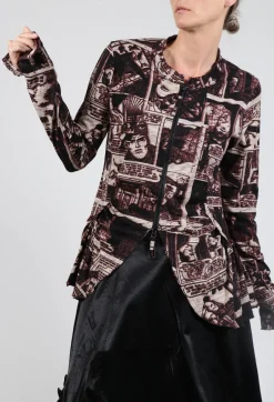 Zip Up Jacket with Ruffle Peplum Hem in Wood Print